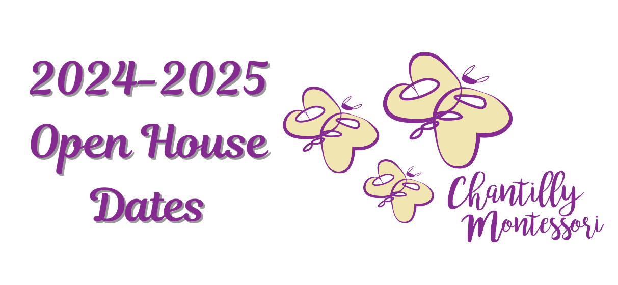  Yellow Butterflies with text "Open House Dates 2024 - 2025 Chantilly Montessori"